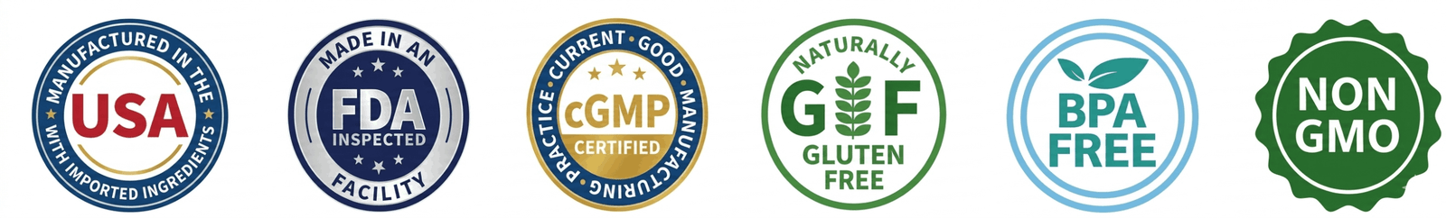 LipoTrine quality badges showing USA manufacturing, FDA-inspected facility, cGMP, gluten-free, BPA-free and non-GMO